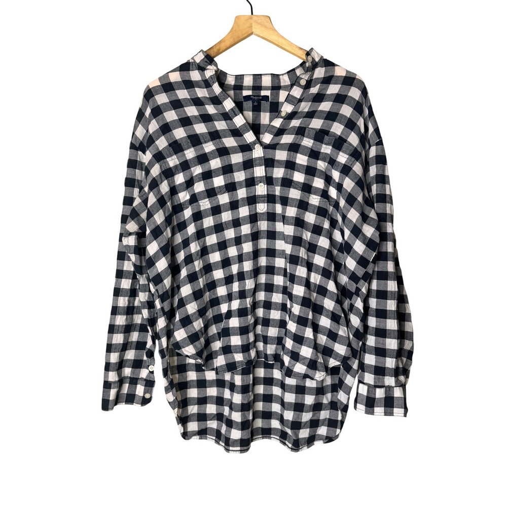 Madewell Womens Black White Buffalo Check Gingham Popover Shirt L Relaxed Fit